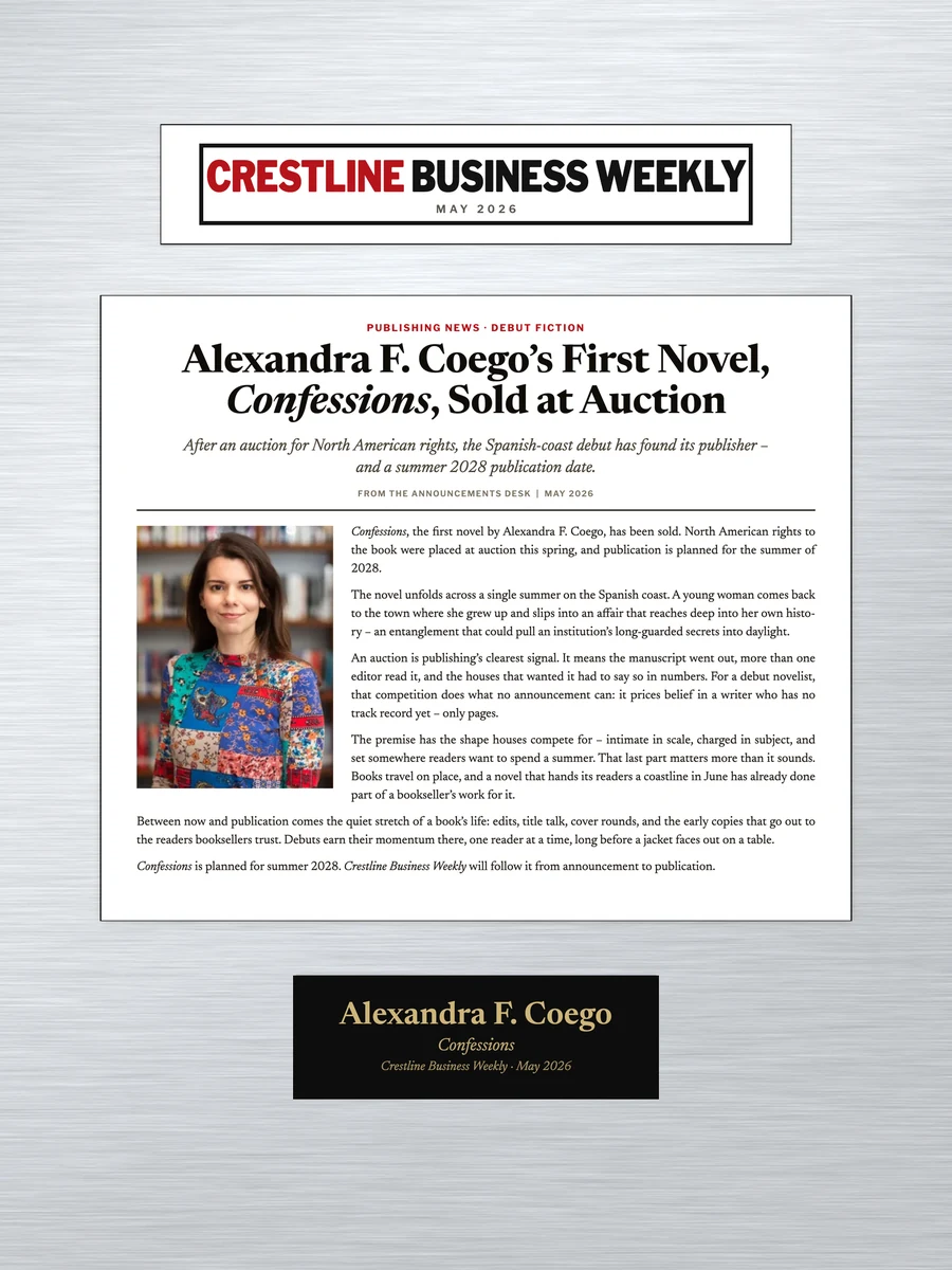A sample press feature as a keepsake plaque – invented publication, article, and engraved plate